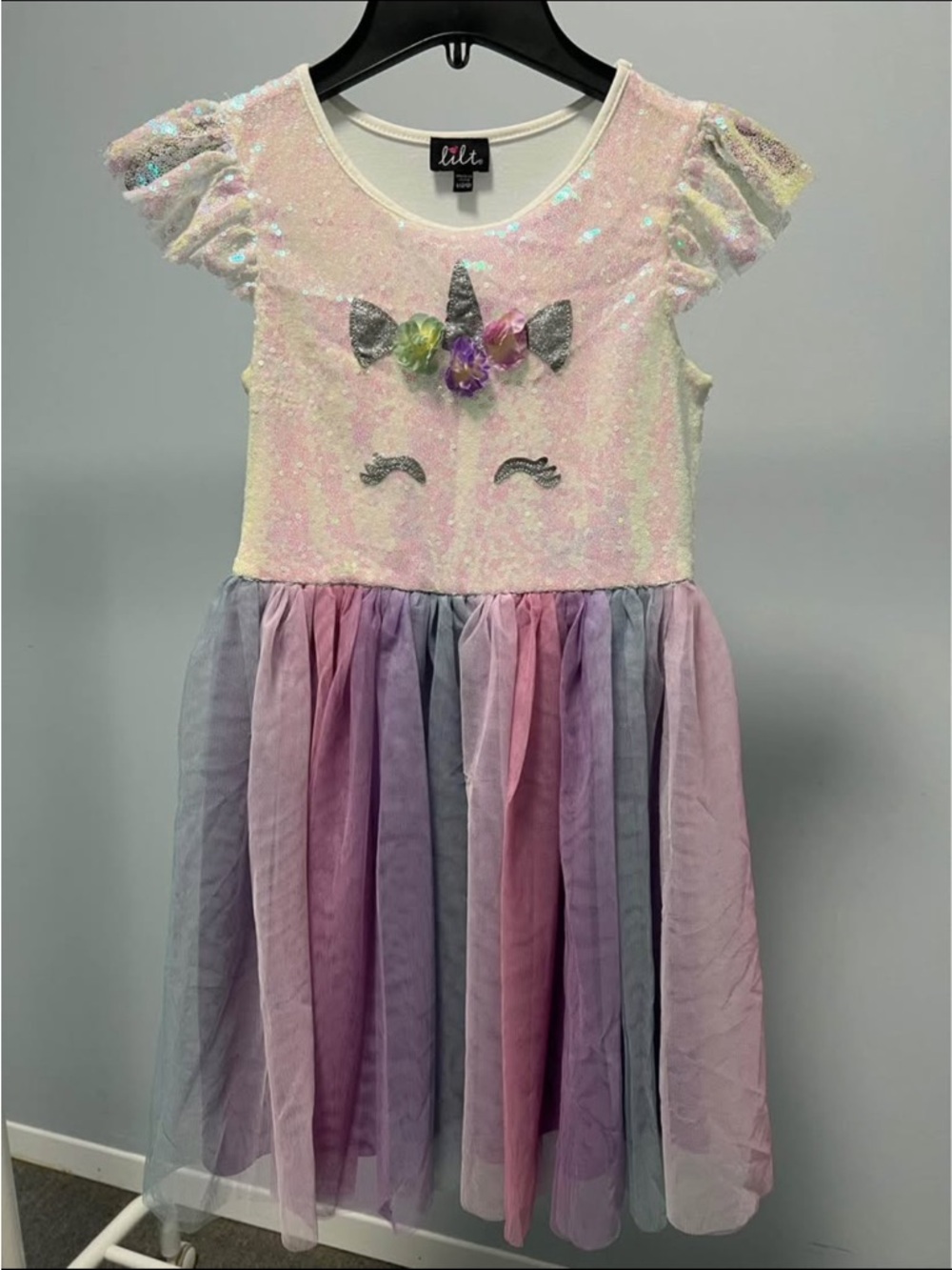 lilt Pastel Sequin Unicorn Dress with Floral Accent